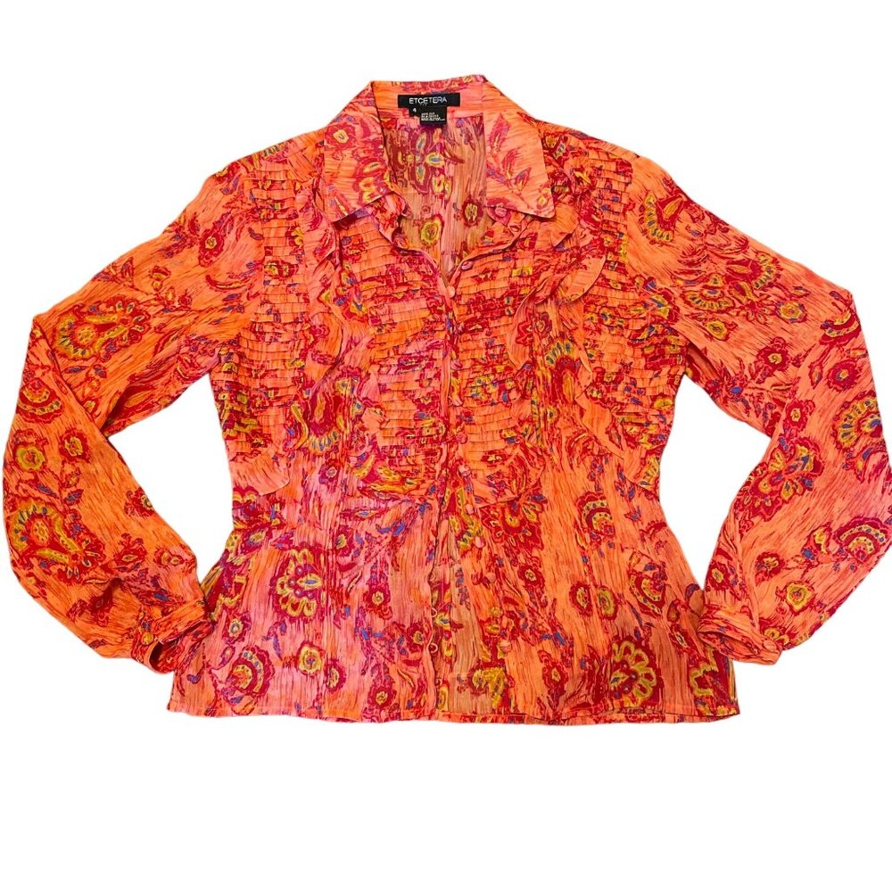 Etcetera 100% Silk Novelty All Over Print Semi Sheer Romantic Silhouette Blouse